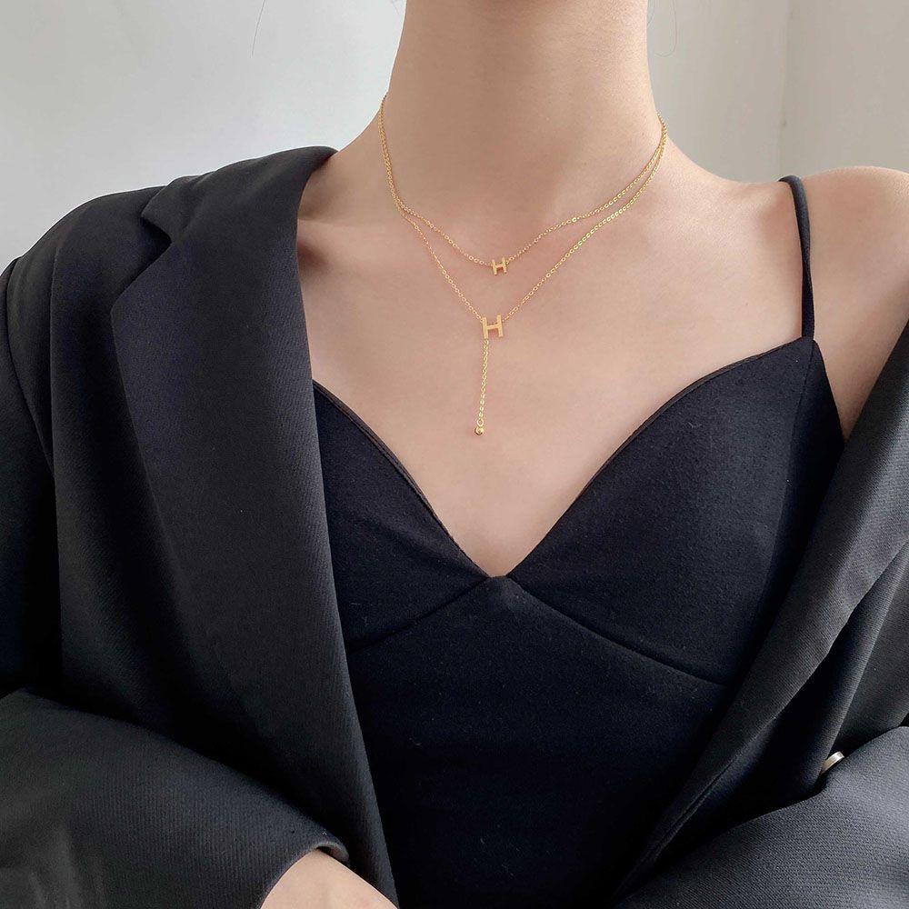 Needway Huruf H Kalung Temperamen Hip Hop Hadiah Chocker Titanium Steel Double-layer Gaya Korea Klavikula Rantai