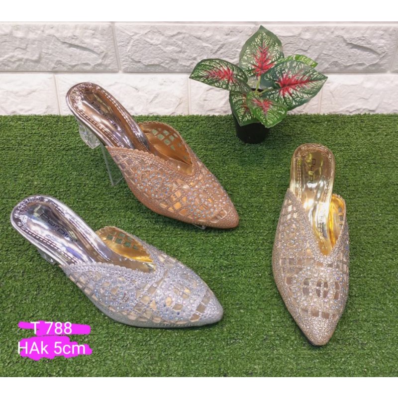 Sepatu sandal pesta baralek brukat payet mewah hak kaca PURPLE T 788 Shoestore Sei Sariak