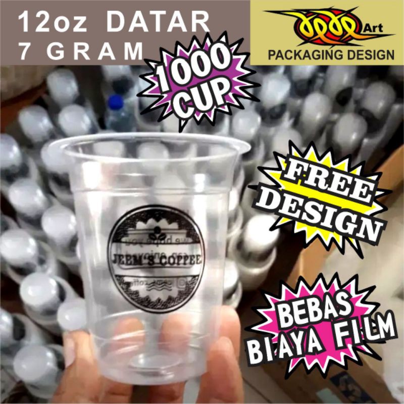 sablon gelas plastik cup 12oz datar 7gram minimal @1000
