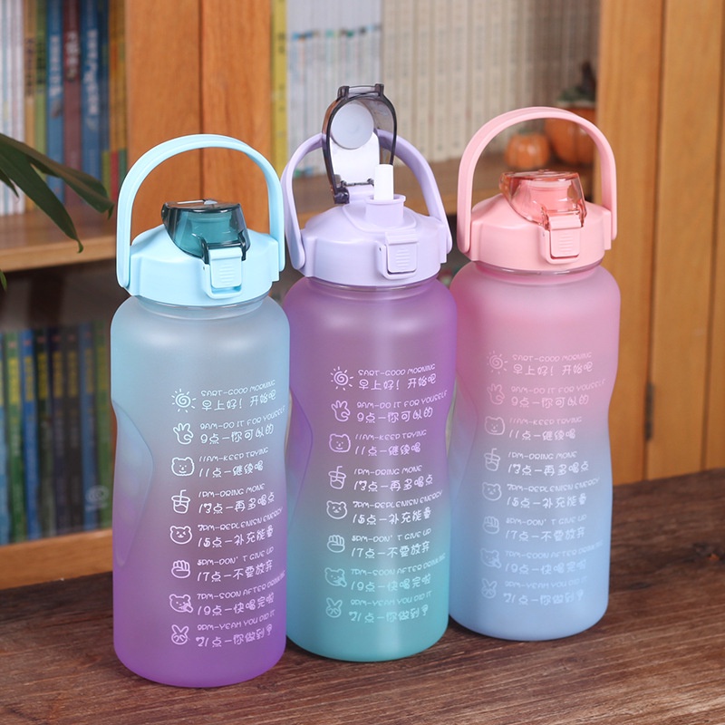 (In Stock) Botol Minum Kapasitas Besar 2000ml Warna Gradasi Dengan Spidol Waktu Untuk Fitness