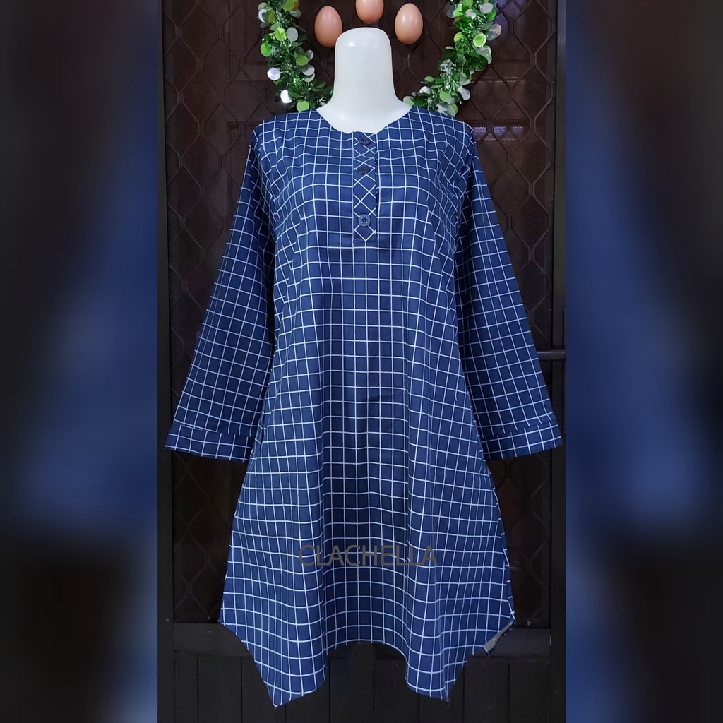 Clachella Baju Tunik Motif Kotak-Kotak, Baju Atasan Wanita T51V8079