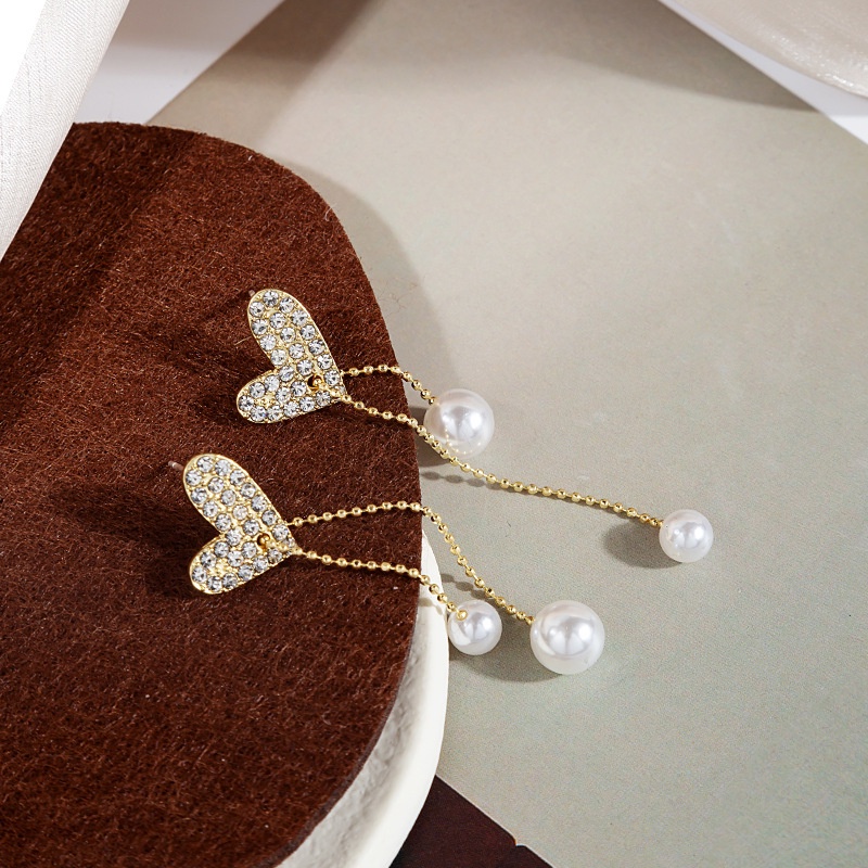 Anting Tusuk Gantung Bahan Sterling Silver 925 Desain Hati + Mutiara + Berlian Gaya Simple / Mewah Untuk Wanita