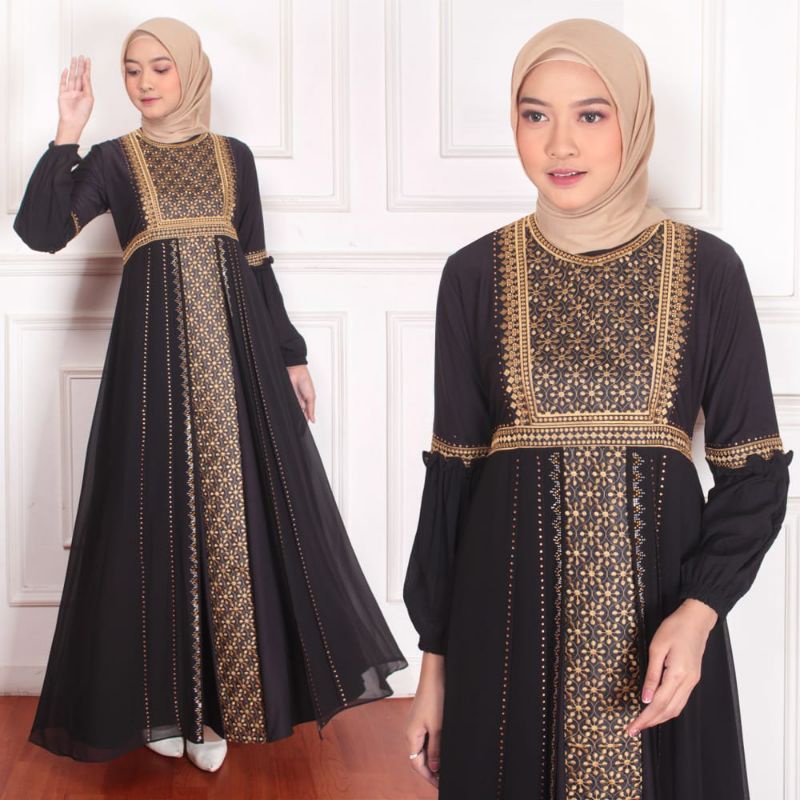 GAMIS ABAYA TURKEY BORDIR SAFIRA COKLAT DAN SILVER