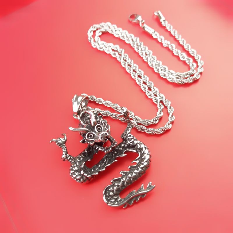 Robagin Kalung Naga 2 Dimensi Perak Titanium Pria Wanita Korea, Aksesoris Cowok Cewek Keren LTP9