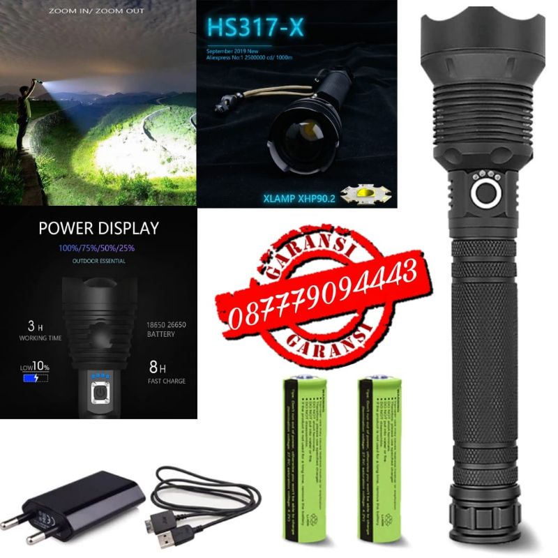 Senter LED XHP90.2 ORIGINAL 90.000 LUMENS Rechargeable ZOOM 1000 METERS WATERPROOF