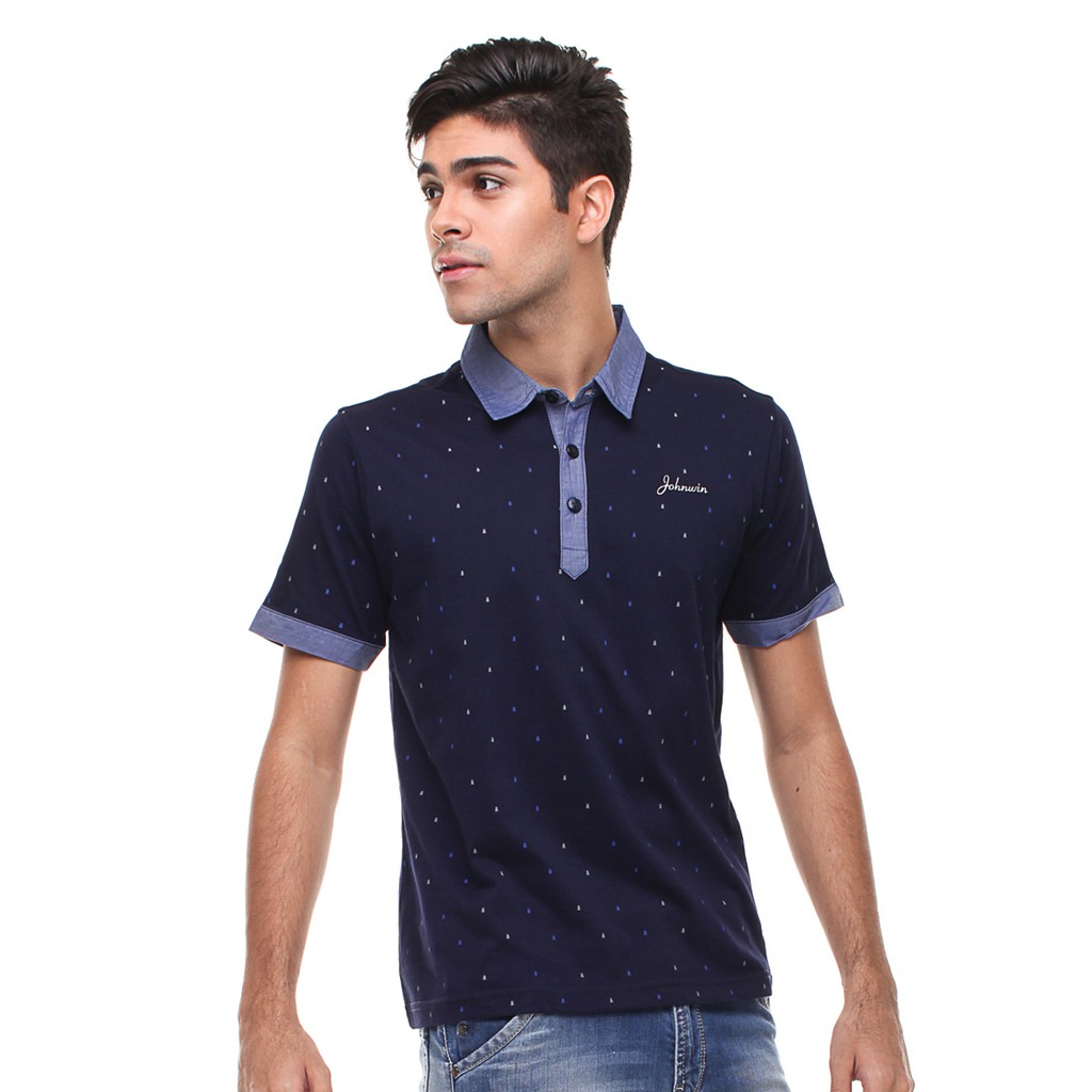 Johnwin - Kaos Casual - Kaos Polo - Kaos Pria - Polkadot - Biru - Slim Fit - ATS.625.M134.01.C