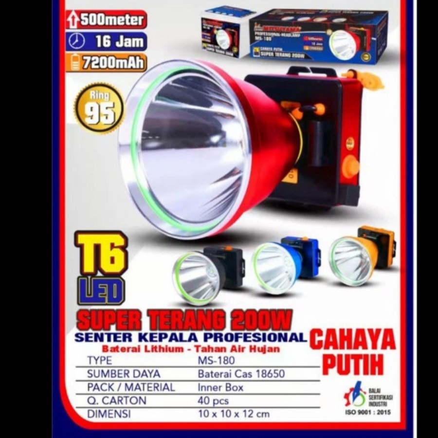 COD SENTER KEPALA MITSUYAMA 200W MS-180 SENTER KEPALA LED PUTIH 200W 7200mAh TAHAN 16 JAM