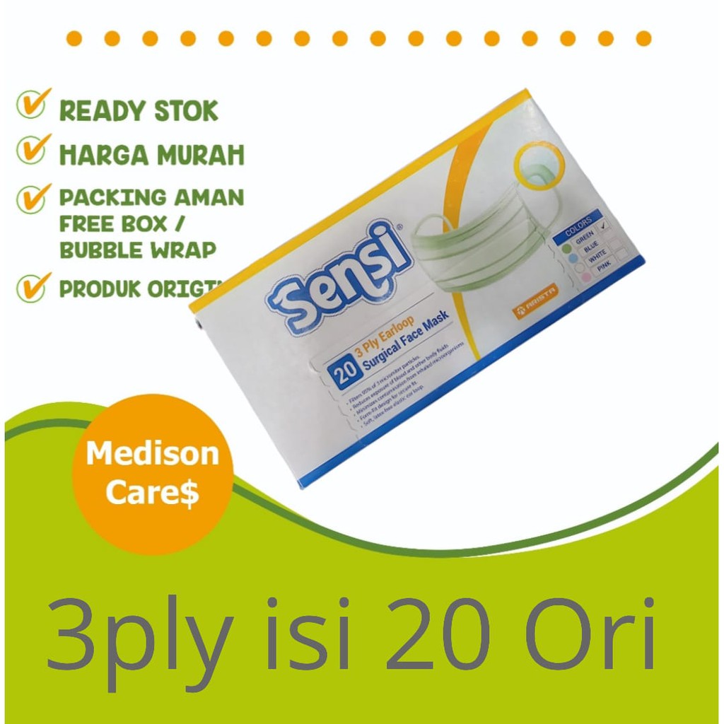 masker sensi medis HIJAU  earloop 3ply original 20 | isi 20