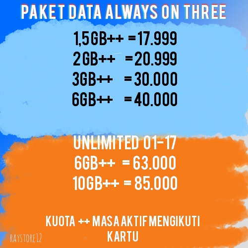 Paket Data tri Always ON | Kuota Tri Unlimited (Inject)
