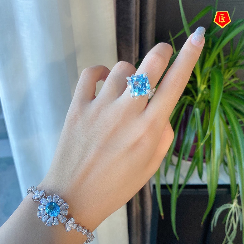 [Ready Stock]Charming Luxury Inlaid Natural Aquamarine Topaz Ring Women