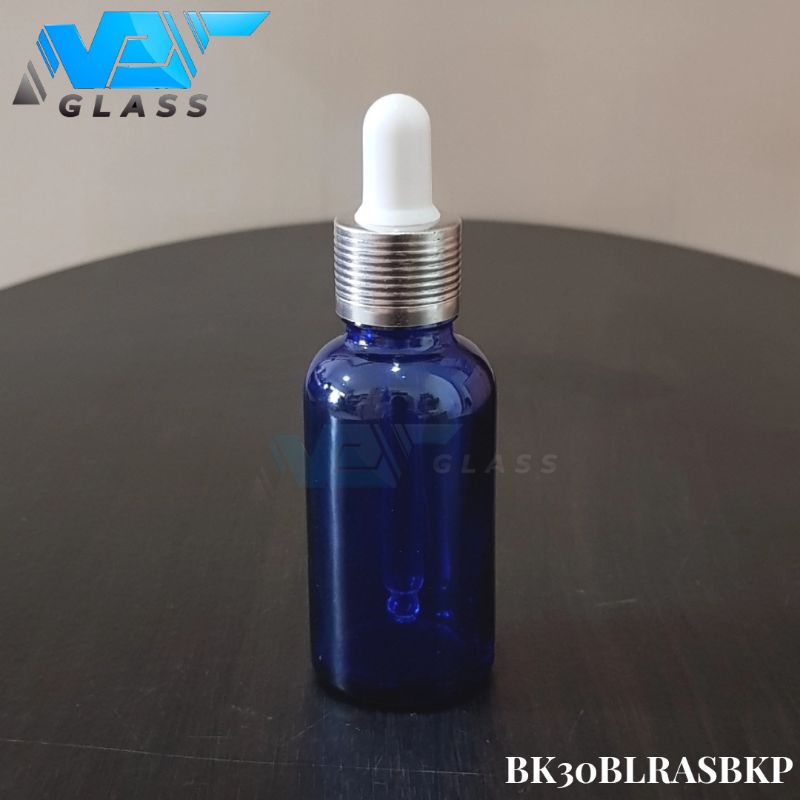 botol kaca pipet 30ml biru tebal - ring almunium silver bergaris