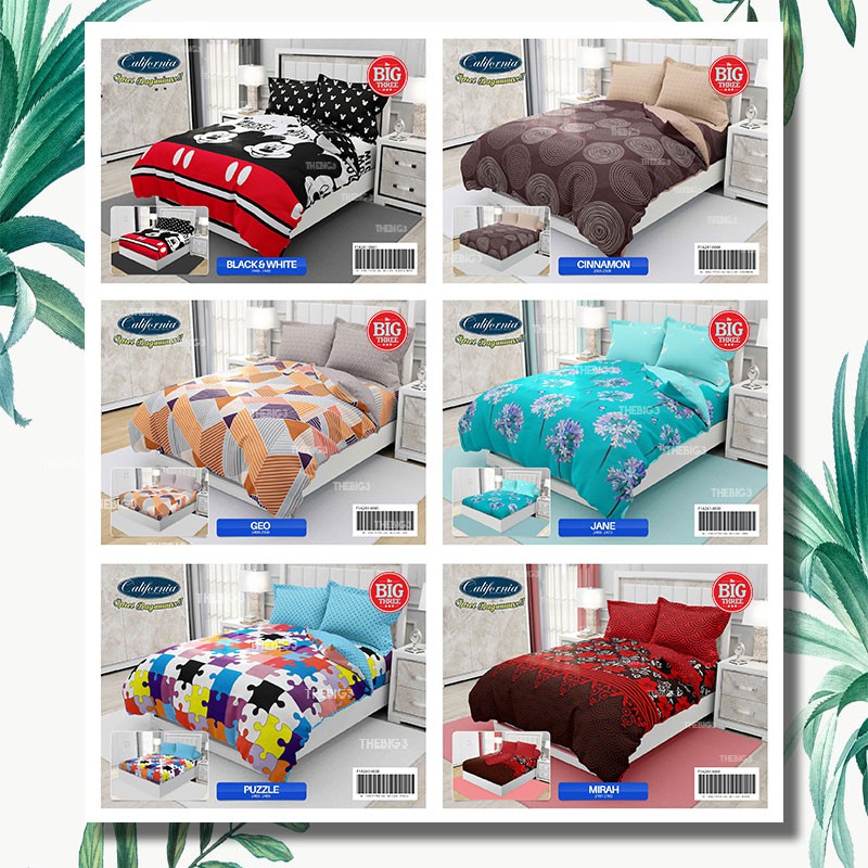 CALIFORNIA Bedcover 180x200 / 160x200 motif Balena Clara Kei Diana Greenchy Glen Verena Dario Black White Mickey Heart Meow Mirah Ginny Polka Green Saphire Metrico Pink Flamingo Royal Star Stripe Tropical Leaf - King Size 180 BC FLAT