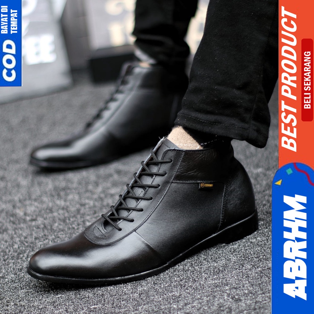 Sepatu Boots Pantofel Formal Kulit Asli Tali Kerja Hitam Pria Abrhm Max