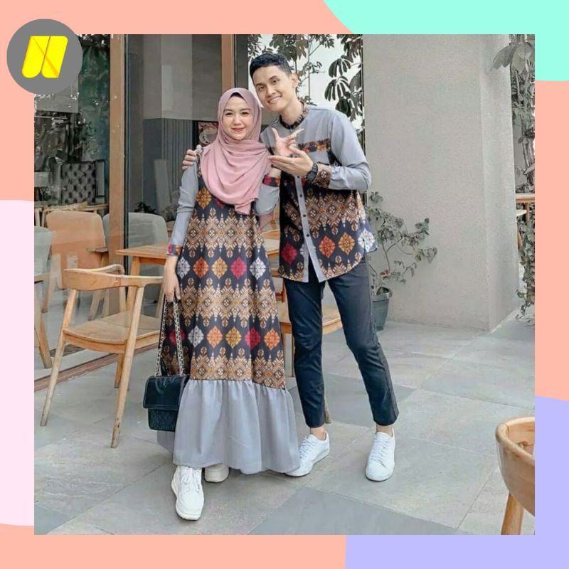 Baju Couple Keluarga Muslim Terbaru Gamis Cp Gigi  Kapel Pasangan Suami Istri Copel Wanita Remaja Kekinian Gaun Pesta Kondangan Lebaran Mewah Simpel Trend Terbaru Bahan Muscrepe kombinasi Batik