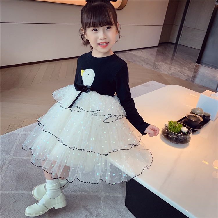 DC91-NEW Dress bayi/baju dress anak tutu lengan panjang import motif swan