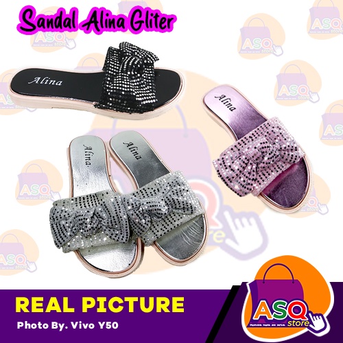 Sandal Wanita Alina Glitter Selop Pita