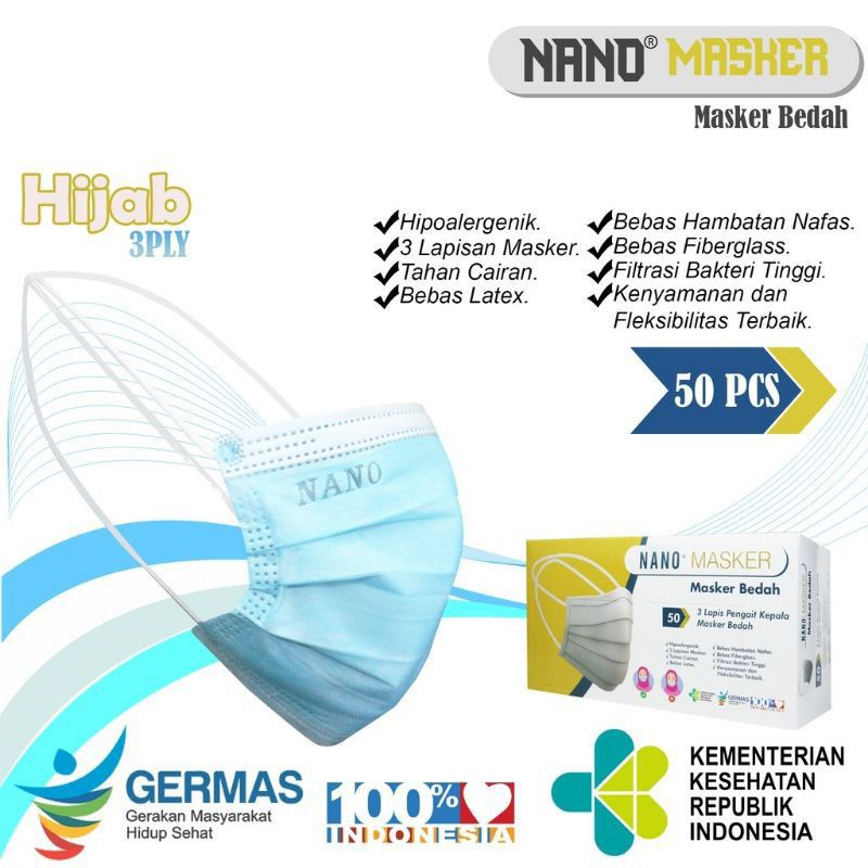 Masker Medis Nano isi 50 pcs 3 ply Earloop dan masker hijab Warna Biru Standard Kemenkes