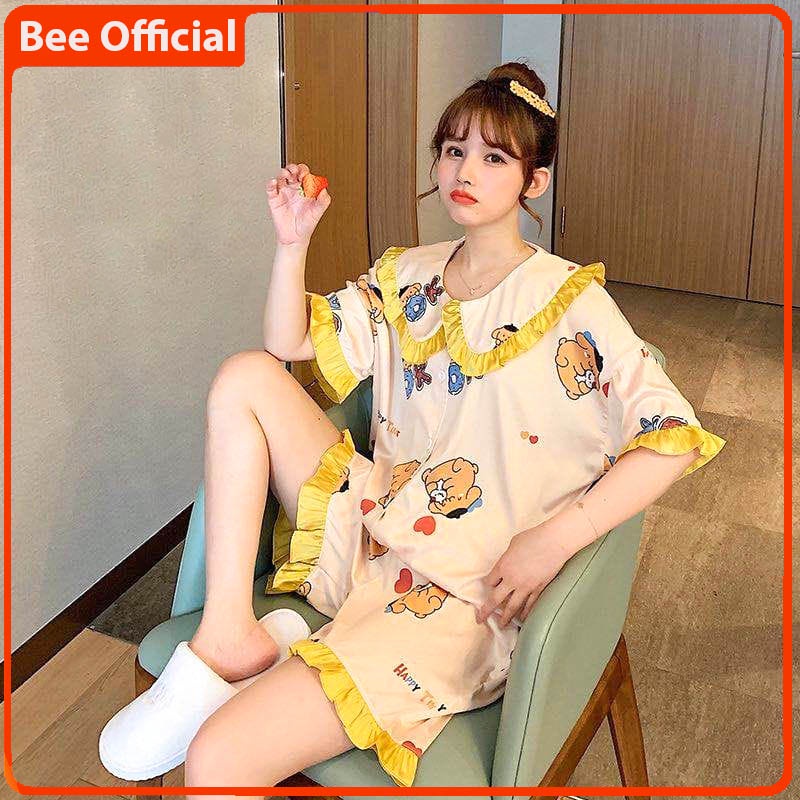 BEE - Setelan Wanita Satin Import / Baju Tidur / Piyama Wanita Kerah Rempel