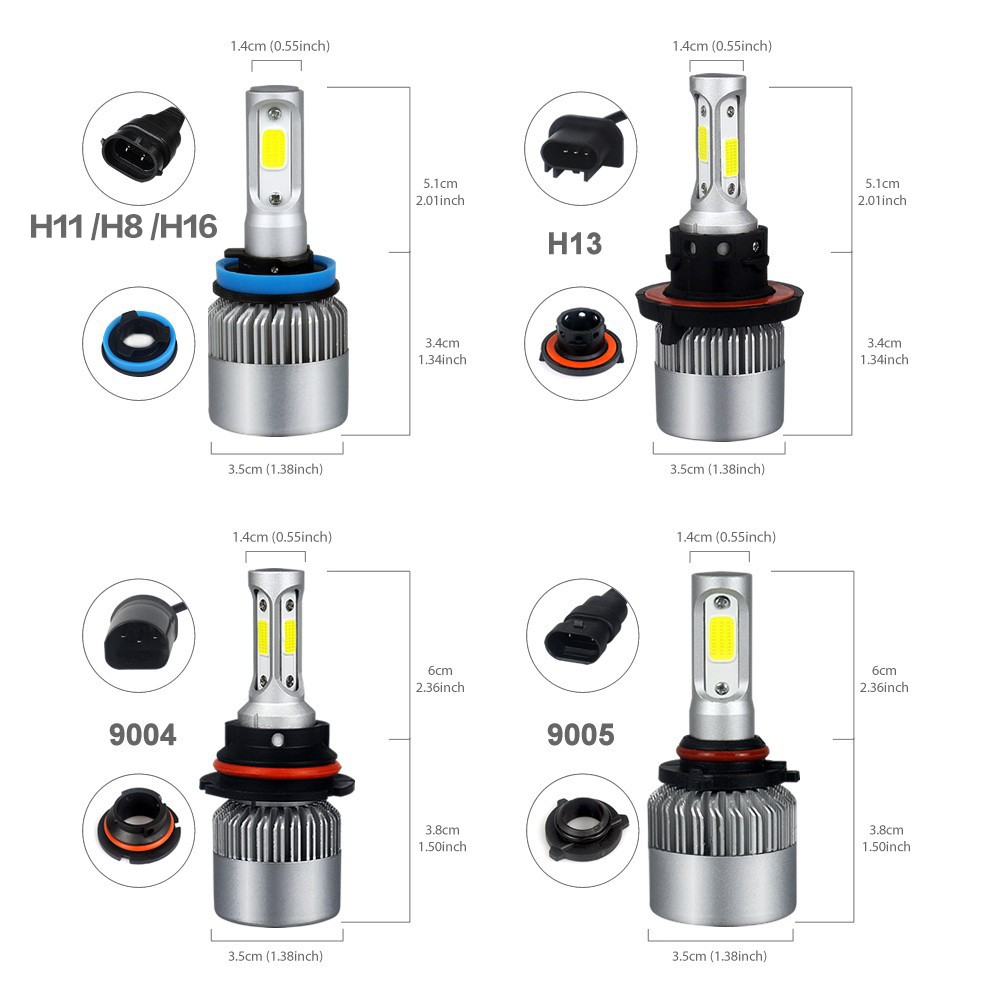 1 Pair S2 LED Headlight Lampu Depan Mobil LED H1 H4 H7 H8 H11 HB3 HB4 9006 8000LM 6000K Warna Putih