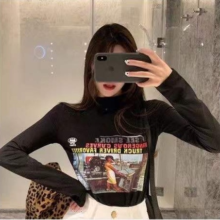 yikoo-Kaos wanita casual print t shirt atasan lengan panjang korea