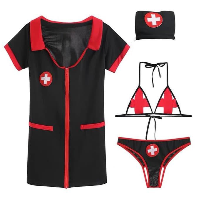 Lingerie Bra set Peran perawat perawat sexy bermain seragam A369 - Hitam, All Size