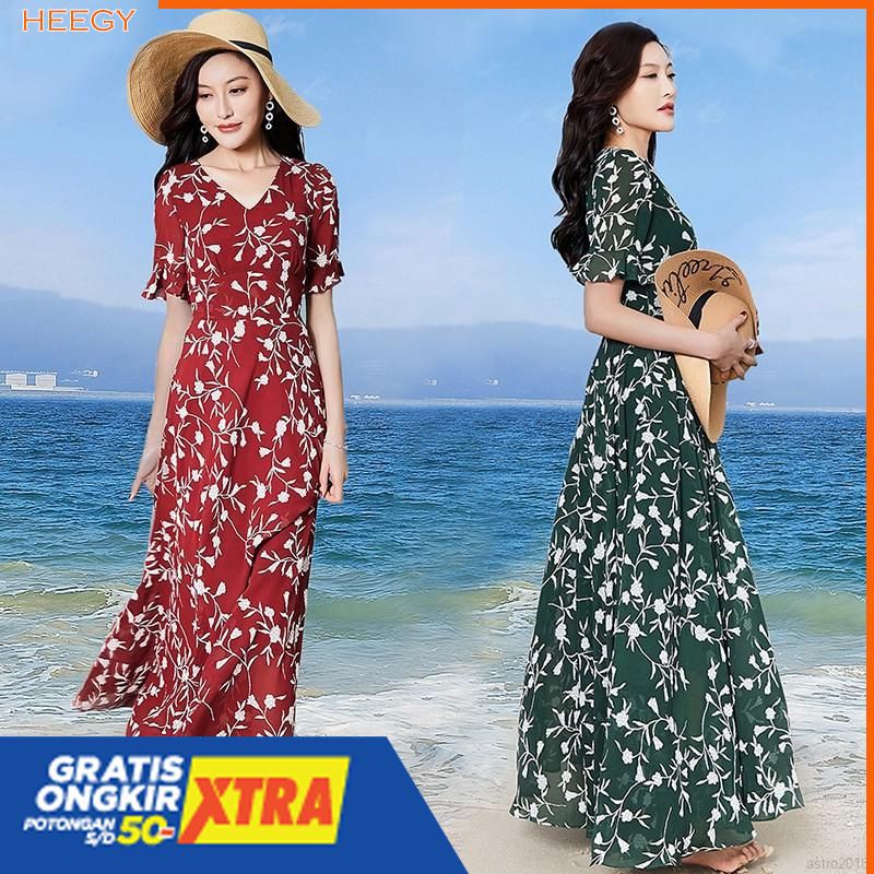 Dress Casual Bohemian Lengan Terompet Pendek Motif Bunga Musim Panas Gaya Wanita Korea