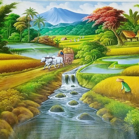 Lukisan Pemandangan Alam Panen Padi Dengan Air Dan Sungai Yang Indah Shopee Indonesia