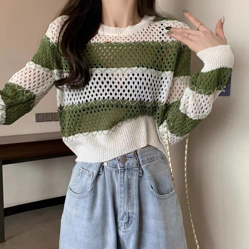 Hwasa Knit Top Stripes Import - Top Crop Blouse Knitwear - Atasan Wanita Rajut Import TM (99031-1)