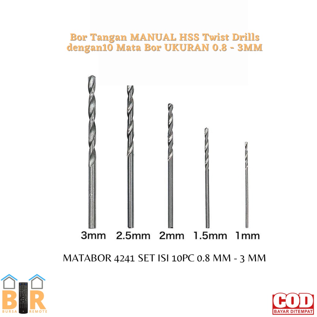 Bor Tangan MANUAL HSS Twist Drills dengan10 Mata Bor UKURAN 0.8 - 3mm