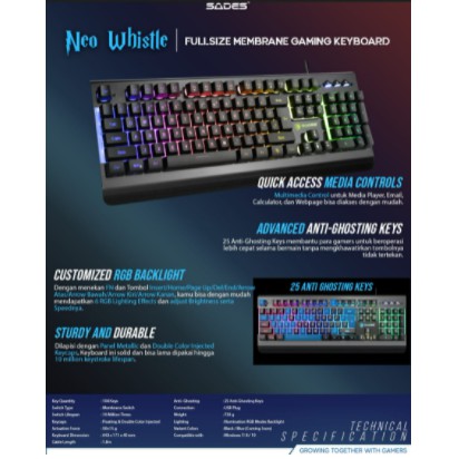 Keyboard gaming sades wired usb 2.0 104 key membrane fullsize rgb neo whistle sa-kb105