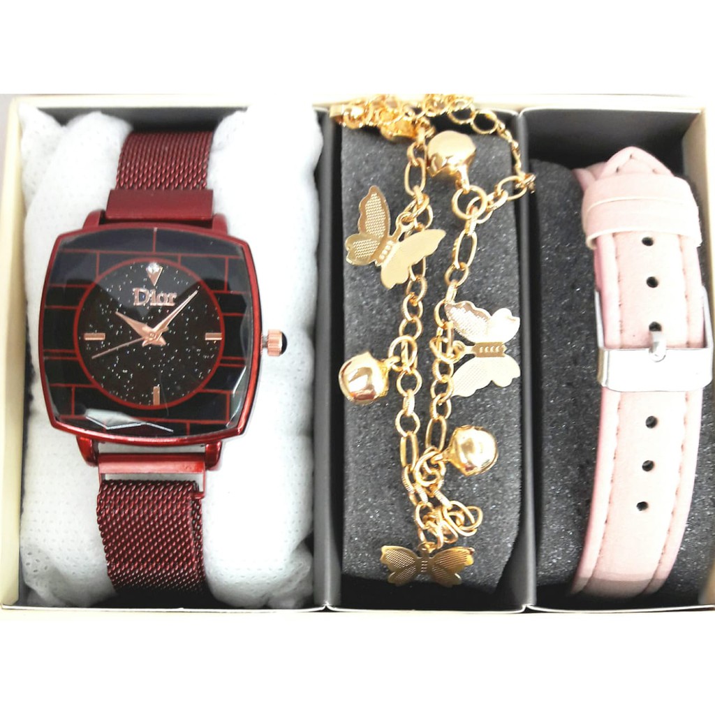 JAM TANGAN CEWEK KRS-D TALI MAGNIC FREE GELANG, FREE TALI KULIT
