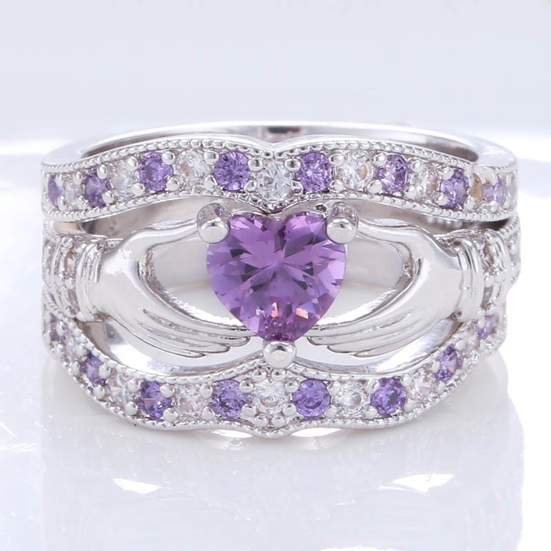 SeuSuk 3pcs Claddagh Heart Cut Sapphire&amp;Silver Crystal Ring Wedding For Gifts