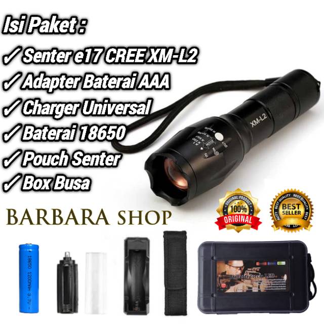 PAKET Senter LED Cree E17 Super Terang 8000 Lumens Senter XM L2 Jarak Jauh Baterai Charger Box COD