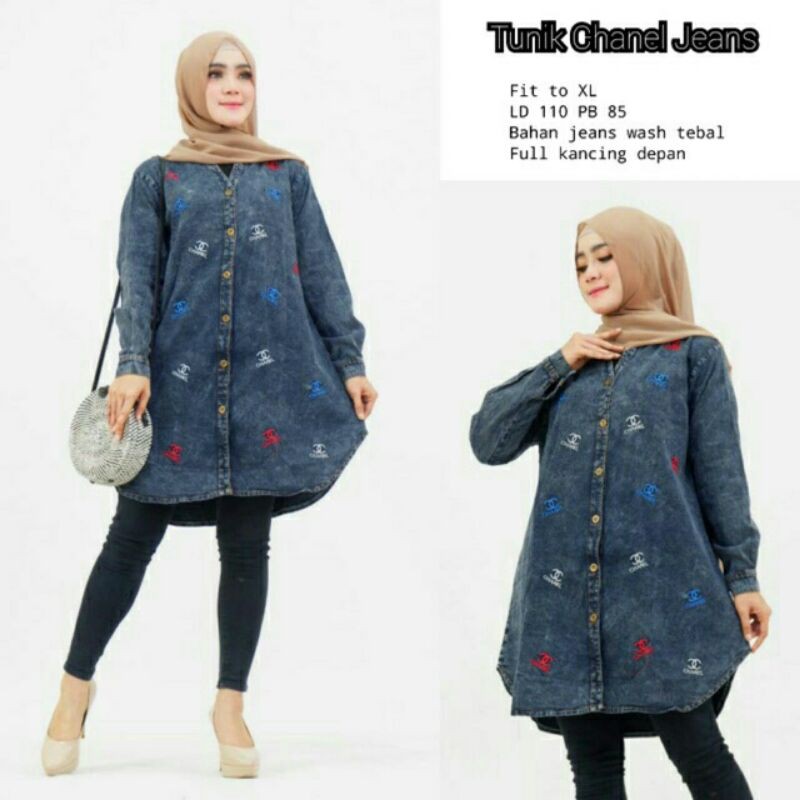 BAJU WANITA DEWASA MODEL TUNIK JEANS CHANEL BORDIR MURAH KWALITAS PREMIUM CANTIK DAN ELEGAN