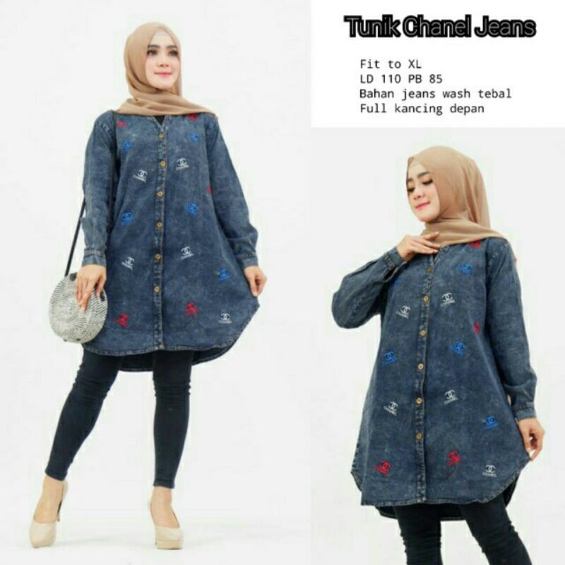 TUNIK JEANS CHANEL BORDIR MURAH BAJU/PAKAIAN WANITA DEWASA KWALITAS PREMIUM CANTIK DAN ELEGAN