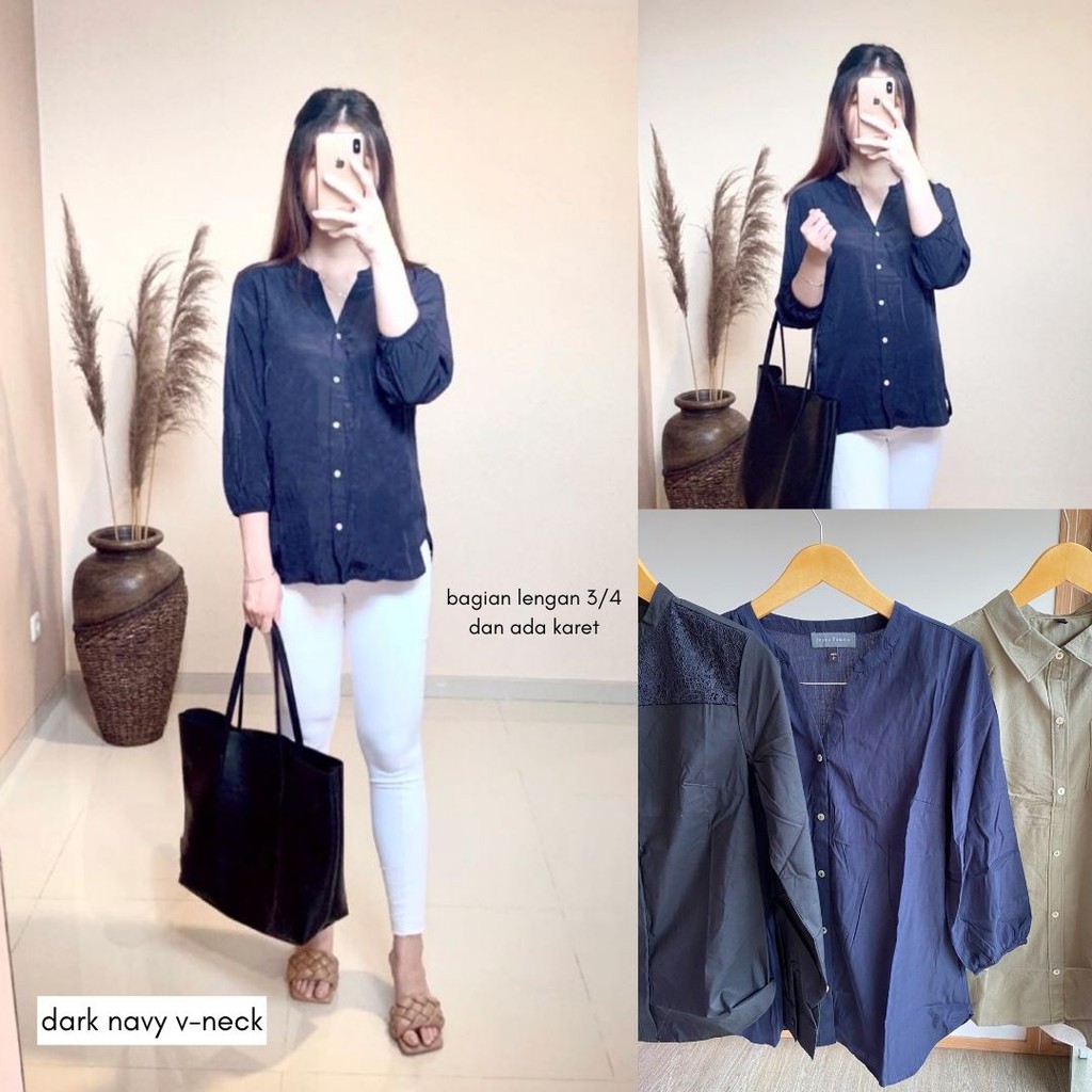 JAPAN UNPEU FEMME Blouse - Atasan Wanita - Blouse Wanita Printed Original-Dark Navy V-neck