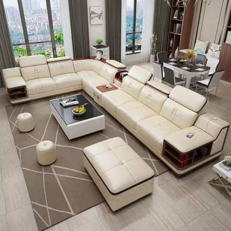sofa kayu - sofa mewah U shape - sopa minimalis - sofa lantai - sofa sudut kursi Cream Dan Hitam