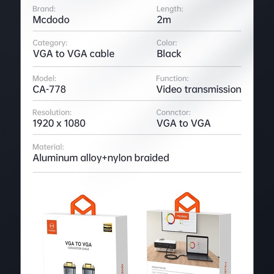 Mcdodo Kabel VGA To VGA 1080p PC / Proyektor / TV HD Audio CA-778