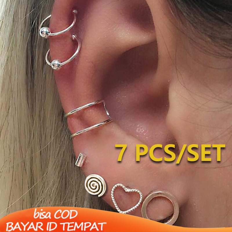 7 PCS/SET Anting Emas Wanita Retro Gaya Mencegah Alergi Impor Murah Dari Korea Ready Stock