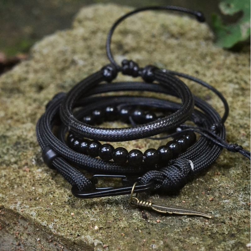 Gelang Pria Bracelet Men Cowok Laki Keren Satu Paket Prusik Paracord Warna Hitam Premium Murah Viral Terbaru Gaya New