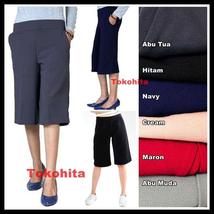 Celana Kulot Wanita Plisket Kulit Jeruk Pendek 7 8 Dewasa Hitam