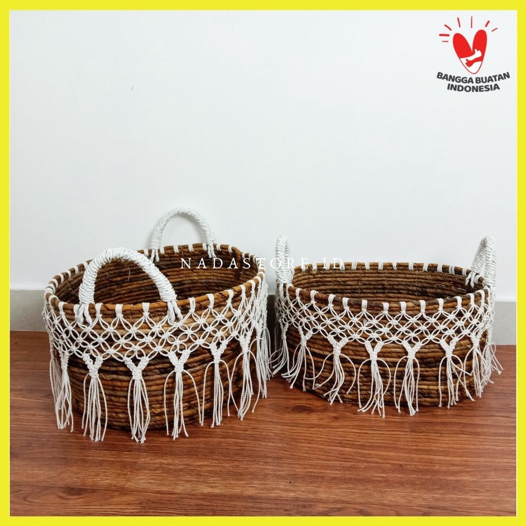 KERANJANG ANYAMAN PELEPAH PISANG OVAL RAJUT MACRAME