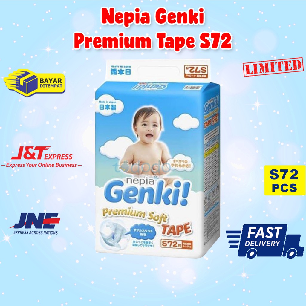 Nepia Genki Premium Baby Diapers Tape S72 - Popok Tipe Perekat