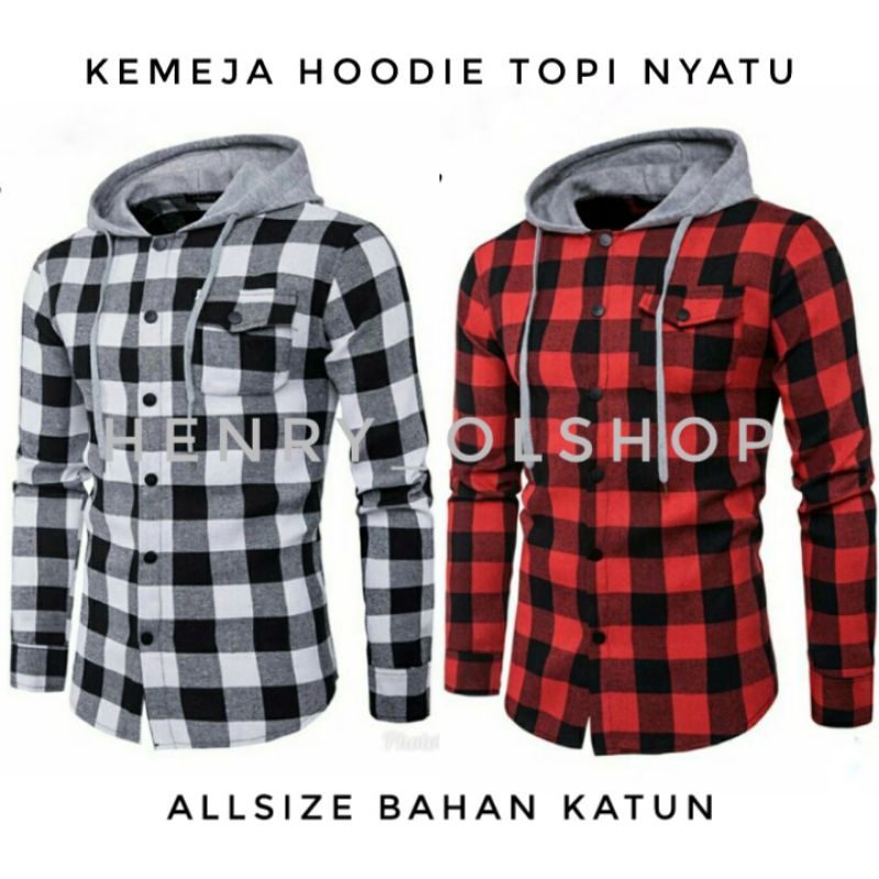 KEMEJA KOTAK HOODIE TOPI NYATU FASHION PRIA MODEL KEKINIAN BAHAN KATUN PRODUK PROMO FYP VILAR BONGE 