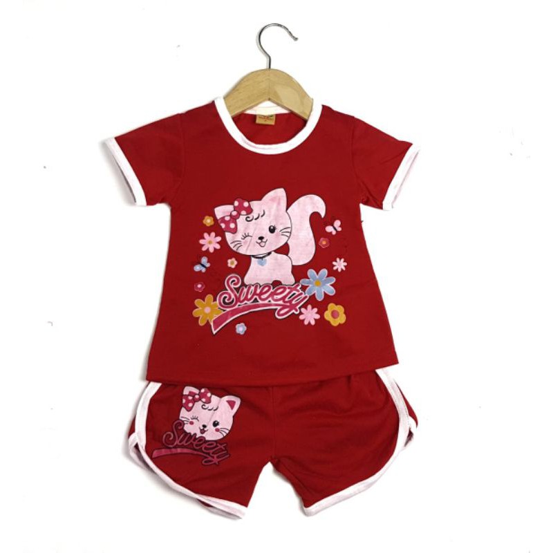 SETELAN BAJU ANAK PEREMPUAN SIJAMBUL NEW MOTIF SWEETY CAT 2-6 TAHUN