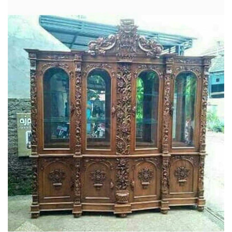 lemari shima lemari hias kaca bufet pajangan ukir kayu jati produk asli jepara
