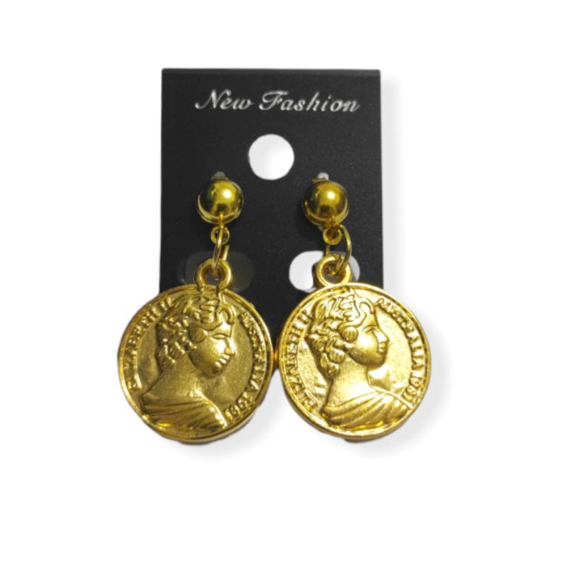 Anting Tusuk Elizabeth Coin Stud Earrings Liontin Koin