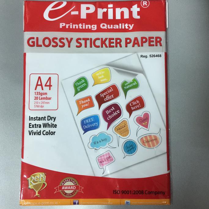 

Glossy Sticker Paper e-Print A4 135gsm 20Lbr Kertas Stiker Glossy A4