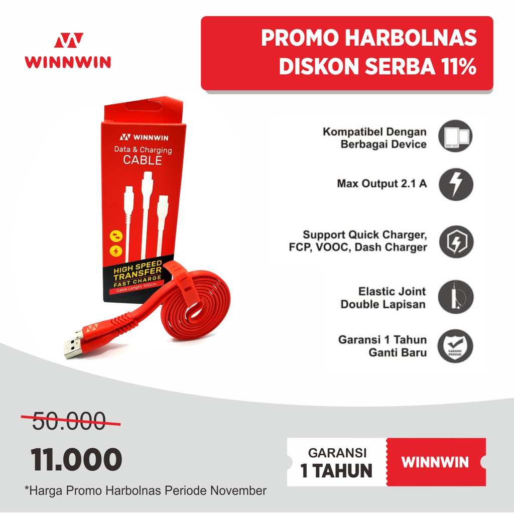 winNwin Kabel Data &amp; Charger Micro USB Original 100% Garansi 1 Tahun