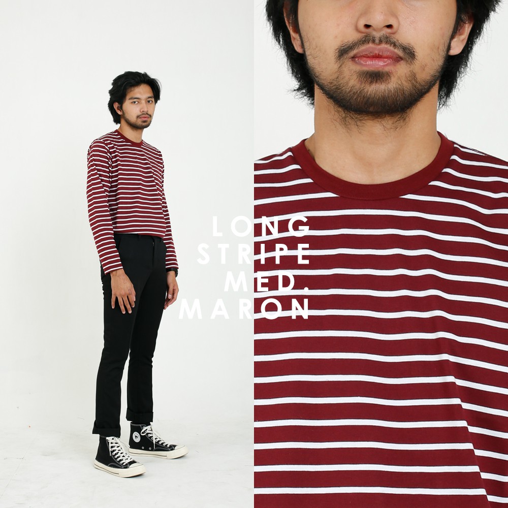 Kaos Garis Lengan Panjang Warna Medium Maroon – Kaos Stripe Kaos Polos Garis - Garis